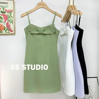 French New Female Sexy Bow Above Knee Suspender Dress Women's Summer Fashion Elegant Sleeveless A- Line High Waist Dress style B green