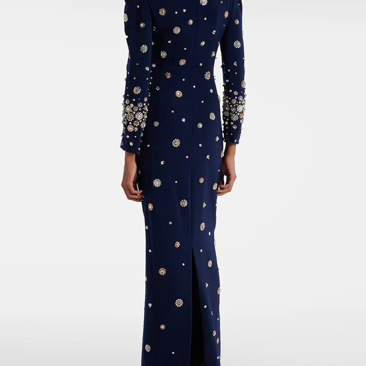 2025 New Spring Women Long Sleeve Beading Crystal Fashion Slim Long Maxi Dress Celebrate Elegant Evening Party Cocktail Dress