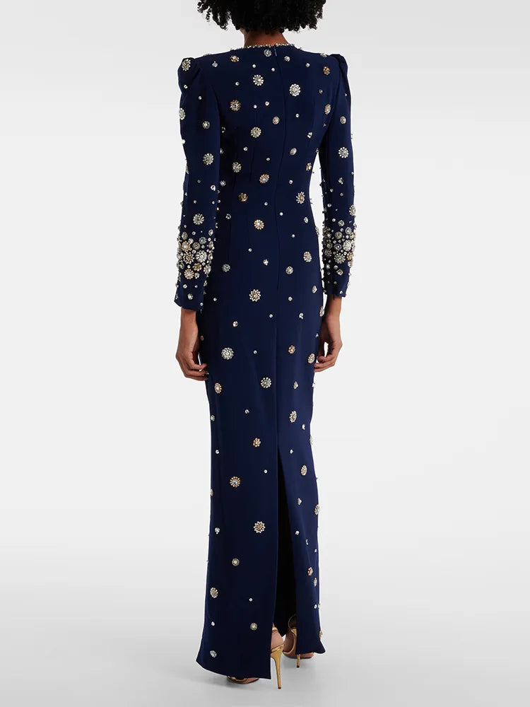 2025 New Spring Women Long Sleeve Beading Crystal Fashion Slim Long Maxi Dress Celebrate Elegant Evening Party Cocktail Dress