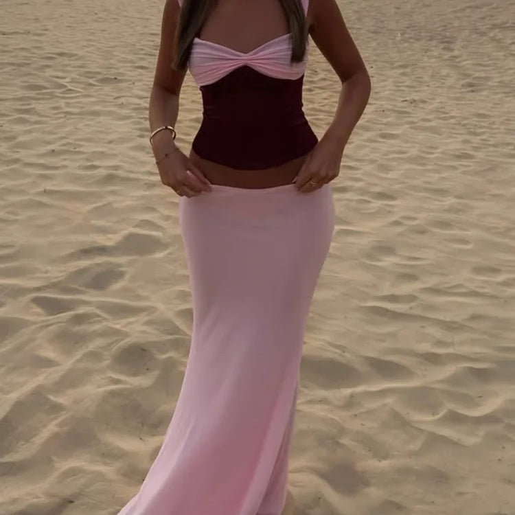 Mozision Sexy Skirt Two Piece Sets Women Halter Lace-up Cropped Tops And Maxi Skirt Ladies Fashion Sleeveless 2 Piece Sets