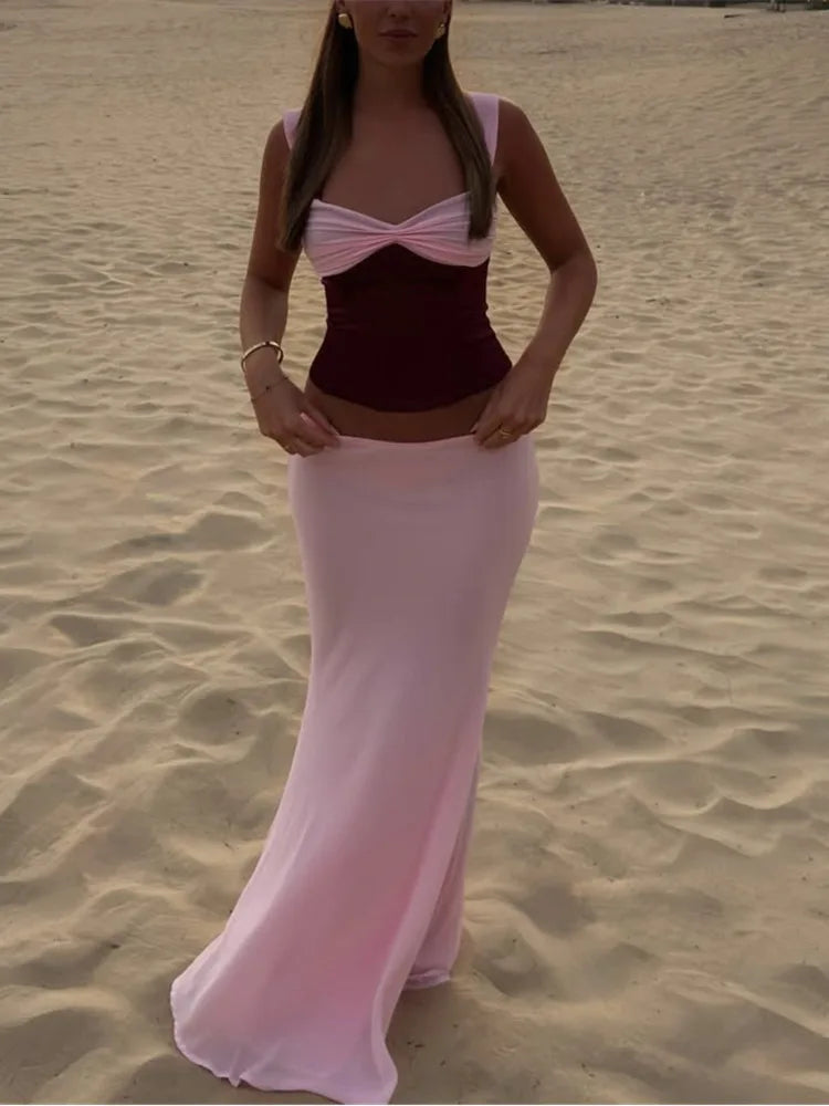 Mozision Sexy Skirt Two Piece Sets Women Halter Lace-up Cropped Tops And Maxi Skirt Ladies Fashion Sleeveless 2 Piece Sets