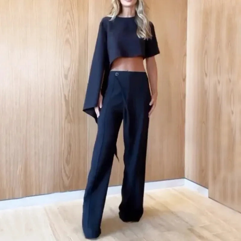 Women Two Piece Sets Autumn Fashion O Neck High And Low Asymmetrical Sleeve Top Long Pants Set Solid High Streetwear black