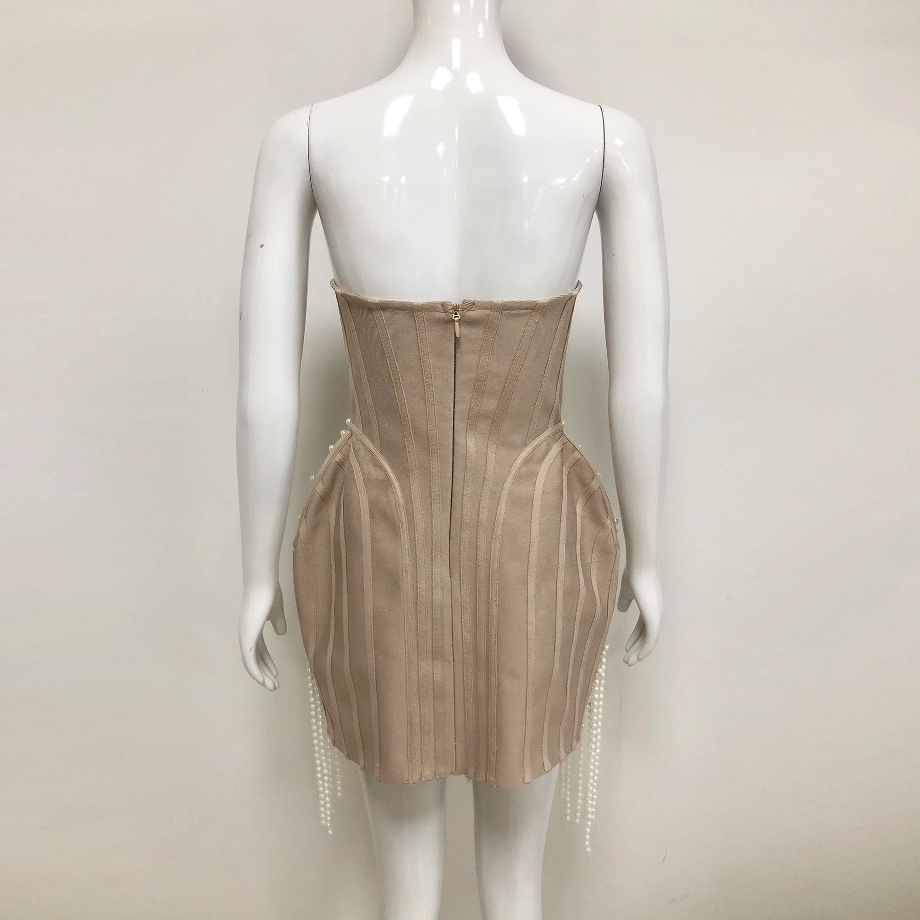 Exquisite Pearl Beading Strapless Khaki Color Bandage Mini Dress Fashion Woman Birthday Party Vestido Evening Party Outfit