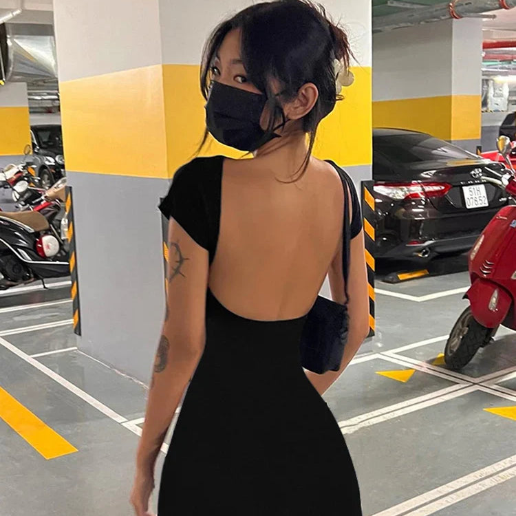 Cutenew Elegant Short Sleeve Bodycon Maxi Dress O-neck Solid Women's Backless Summer Sexy Streetwear Stretch Robe Lady Dresses