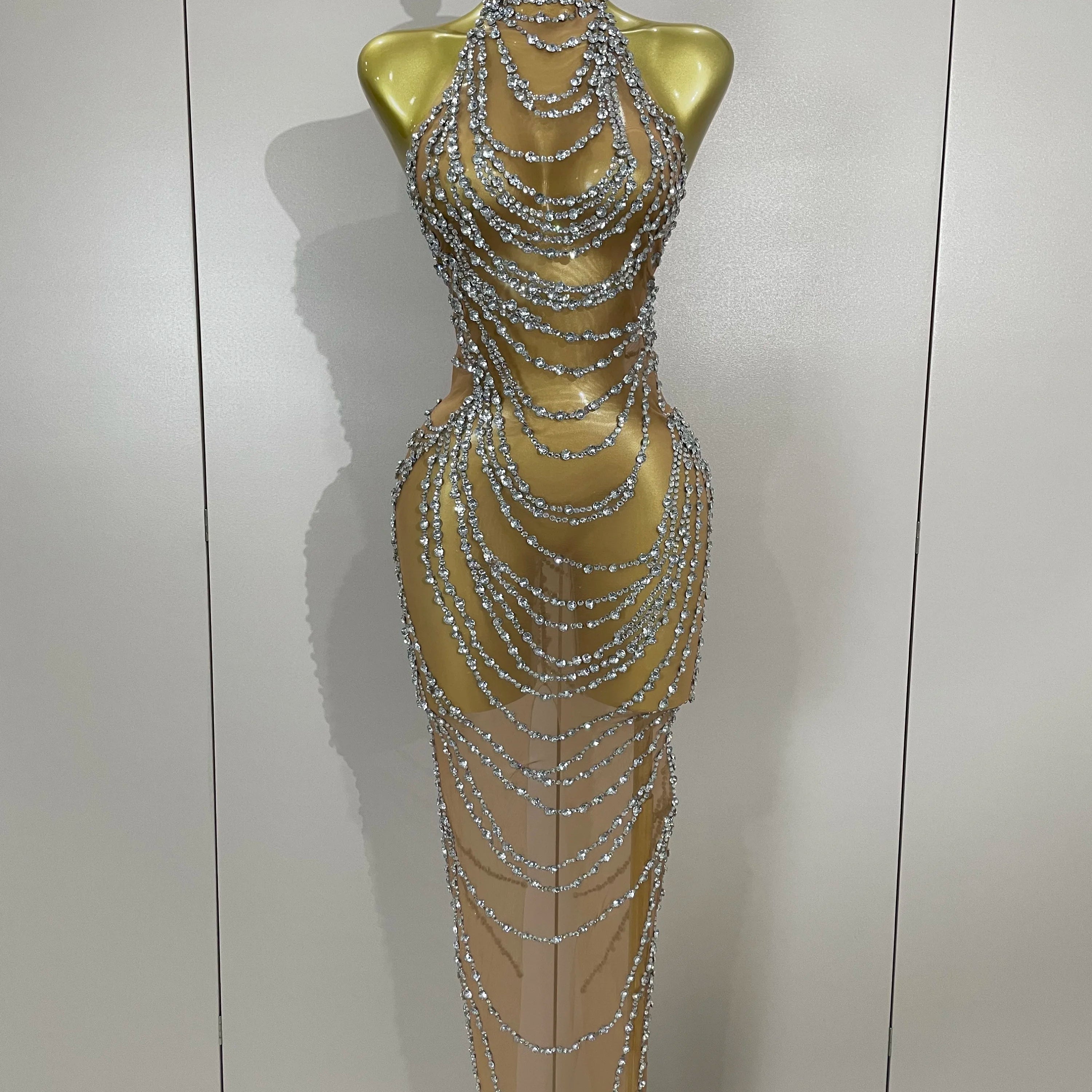 Luxury Sparkly Gold Rhinestone Sexy Transparent Mesh Long Dress 2025 Women Birthday Party Gown Stage Singer Performance Costume Silver