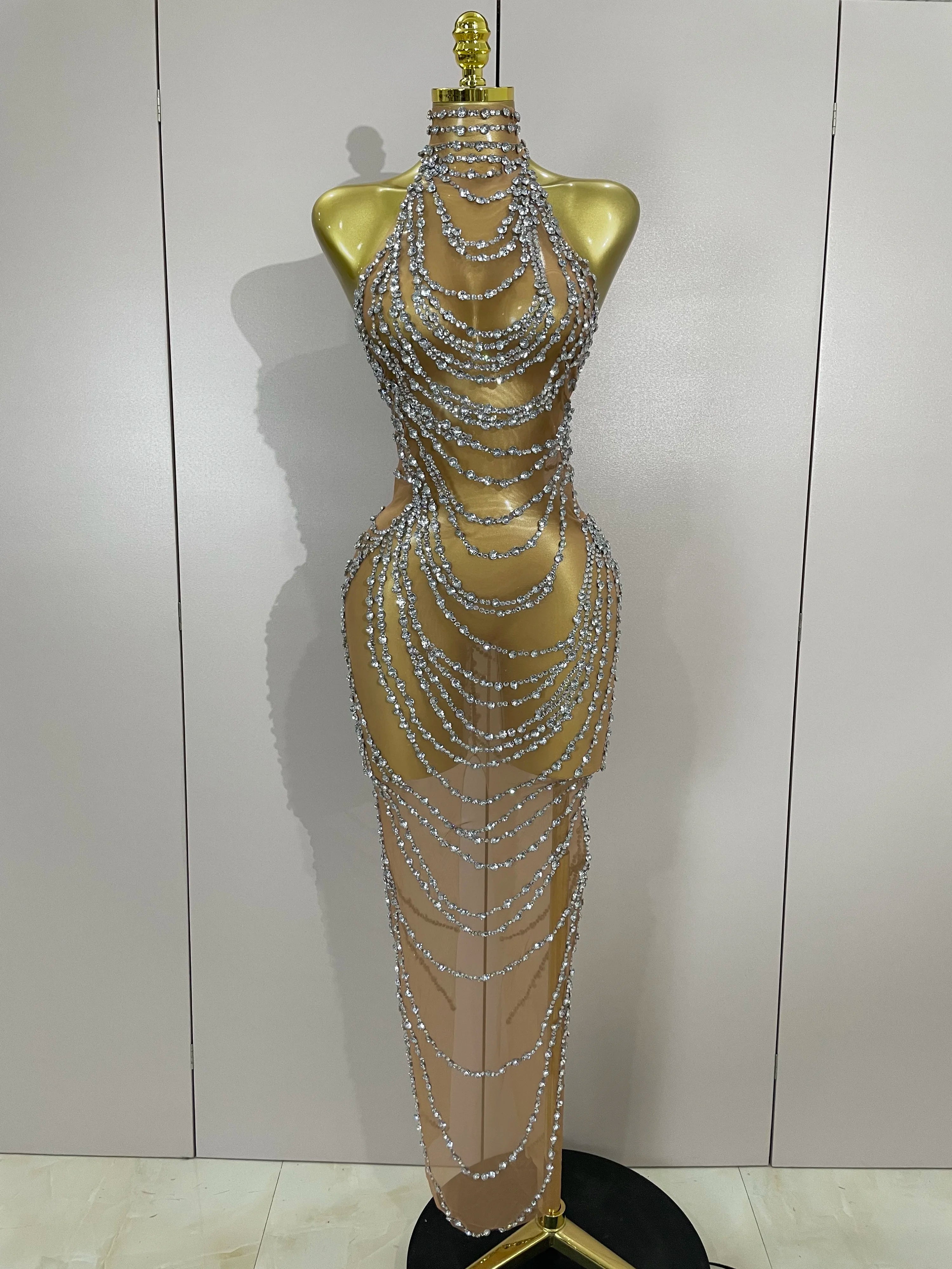Luxury Sparkly Gold Rhinestone Sexy Transparent Mesh Long Dress 2025 Women Birthday Party Gown Stage Singer Performance Costume Silver