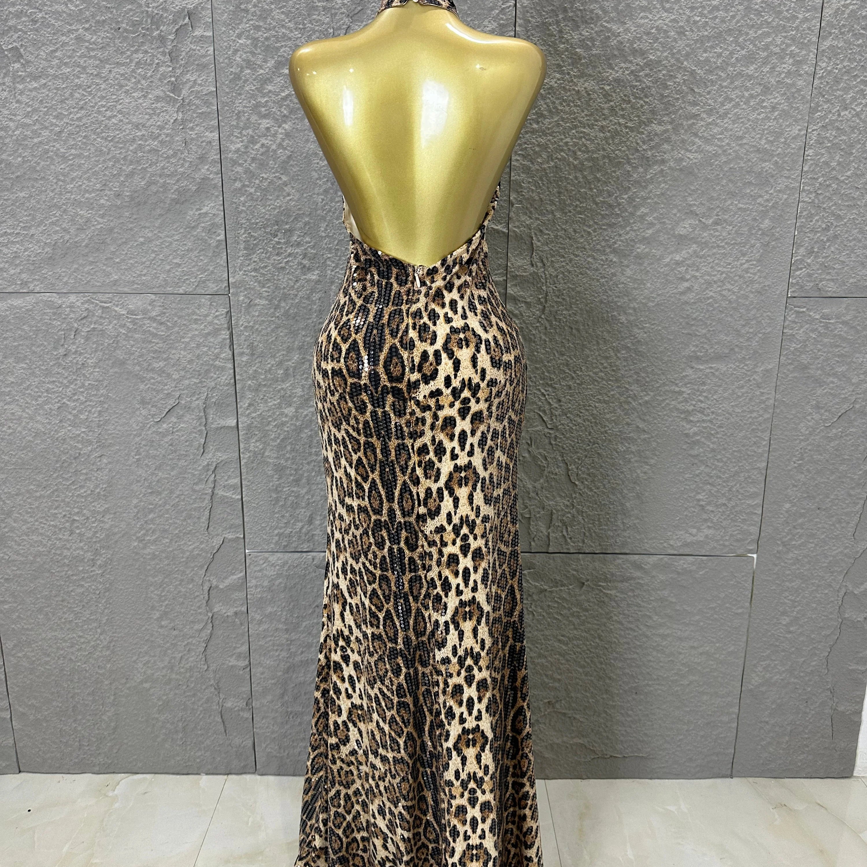 Refined Leopard Print Maxi Dress Women Sexy Halter Neck Sleeveless Sequin Embellished Bodycon Outfit Nightclub Party Costume