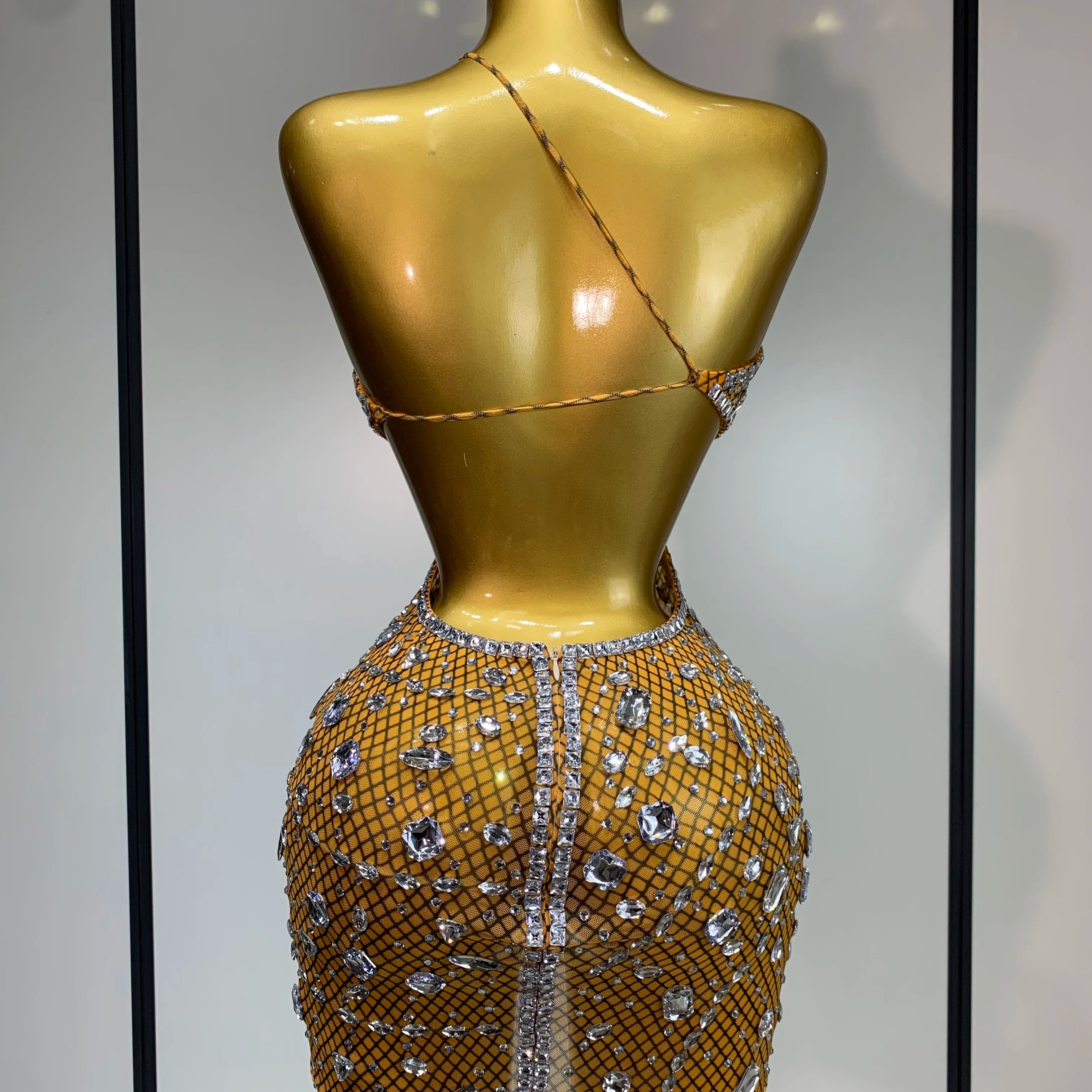 Sparkly Rhinestones Backless Mini Dress Women Sexy Mesh Transparent Celebrate Evening Birthday Dress Photo Shoot Stage Wear