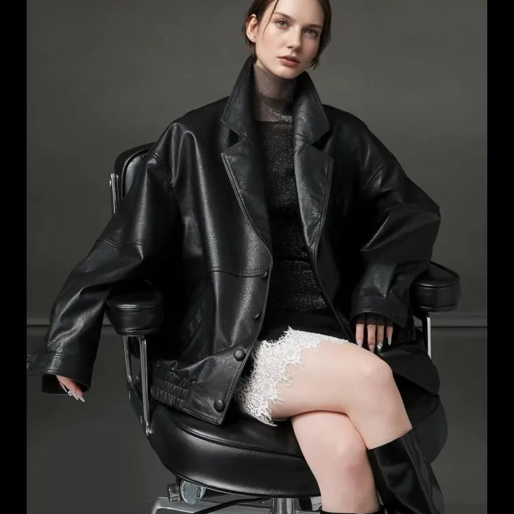 Lautaro Spring Autumn Oversized Waterproof Distressed Brown Pu Leather Jacket Women Single Breasted Luxury Designer Clothes 2025 Black