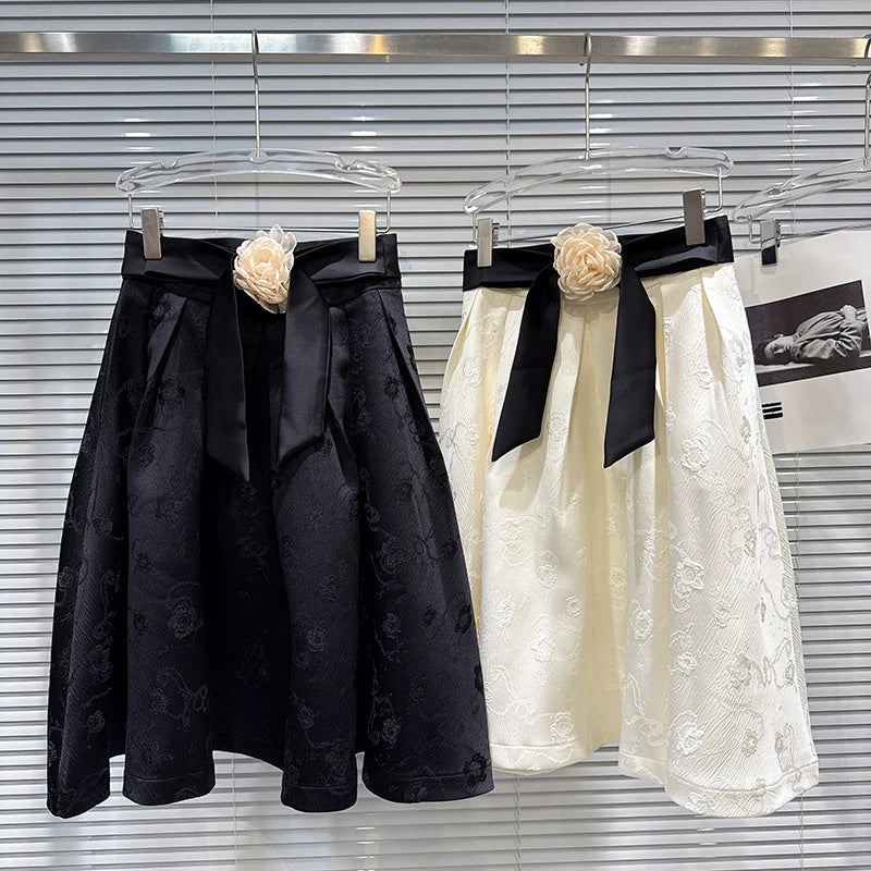 Winter New Fashion Three-Dimensional Flower Belt Jacquard Pattern A-Line Skirt For Women Mid-length Skirts 11A07957