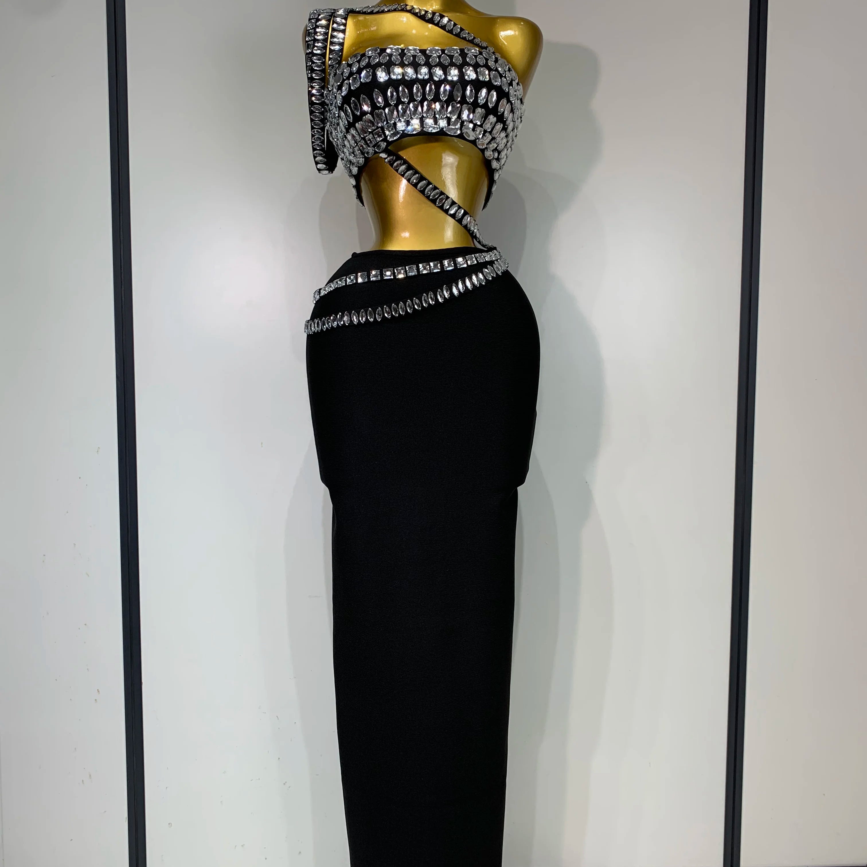 Sparkly Crystal Bodycon Long Dress 2025 Women Sexy Crop Top 2 Pieces Set Nightclub Elegant Party Performance Stage Costume bandage dress 1