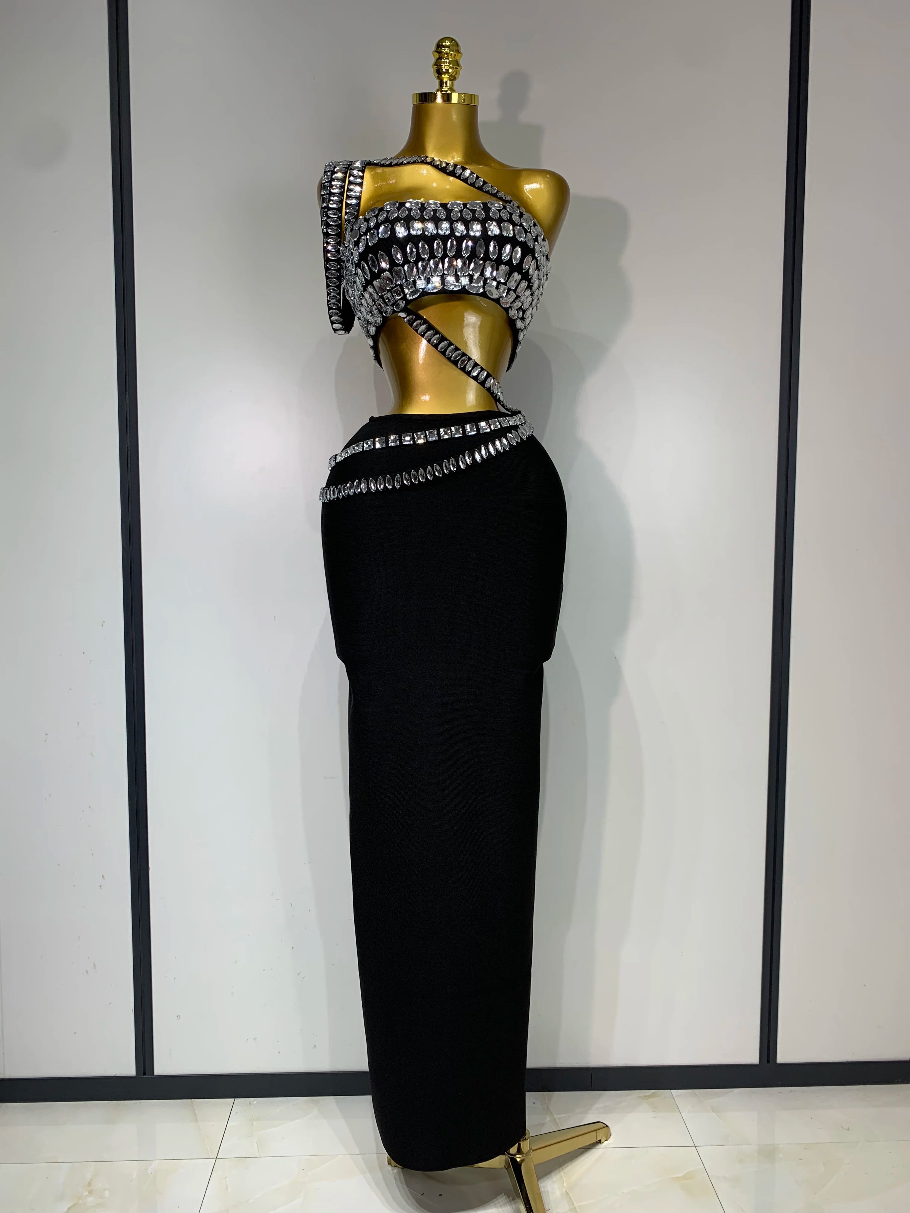 Sparkly Crystal Bodycon Long Dress 2025 Women Sexy Crop Top 2 Pieces Set Nightclub Elegant Party Performance Stage Costume bandage dress 1