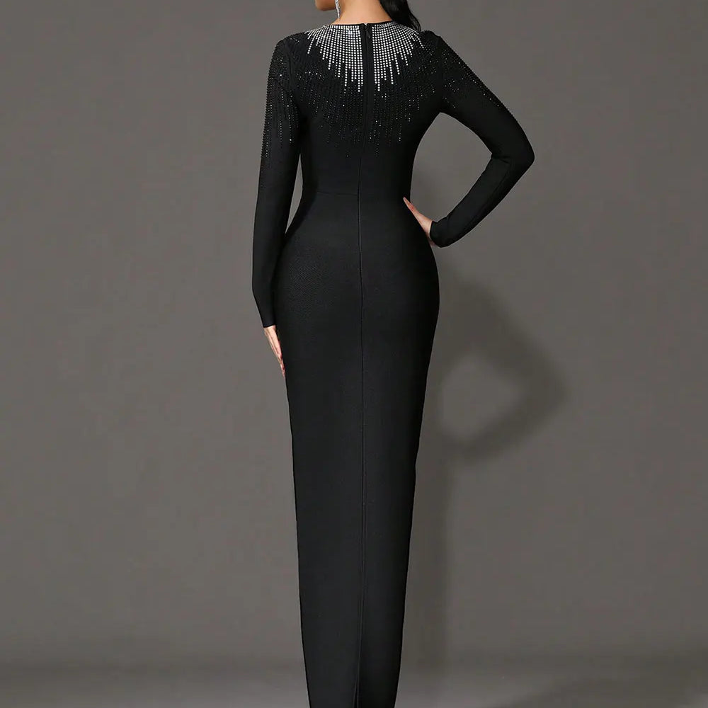2025 Elegant Women's Light Luxury Hot Diamond Bandage Dress O-neck Long Sleeve Bodycon Black Long Dress Evening Party Vestidos