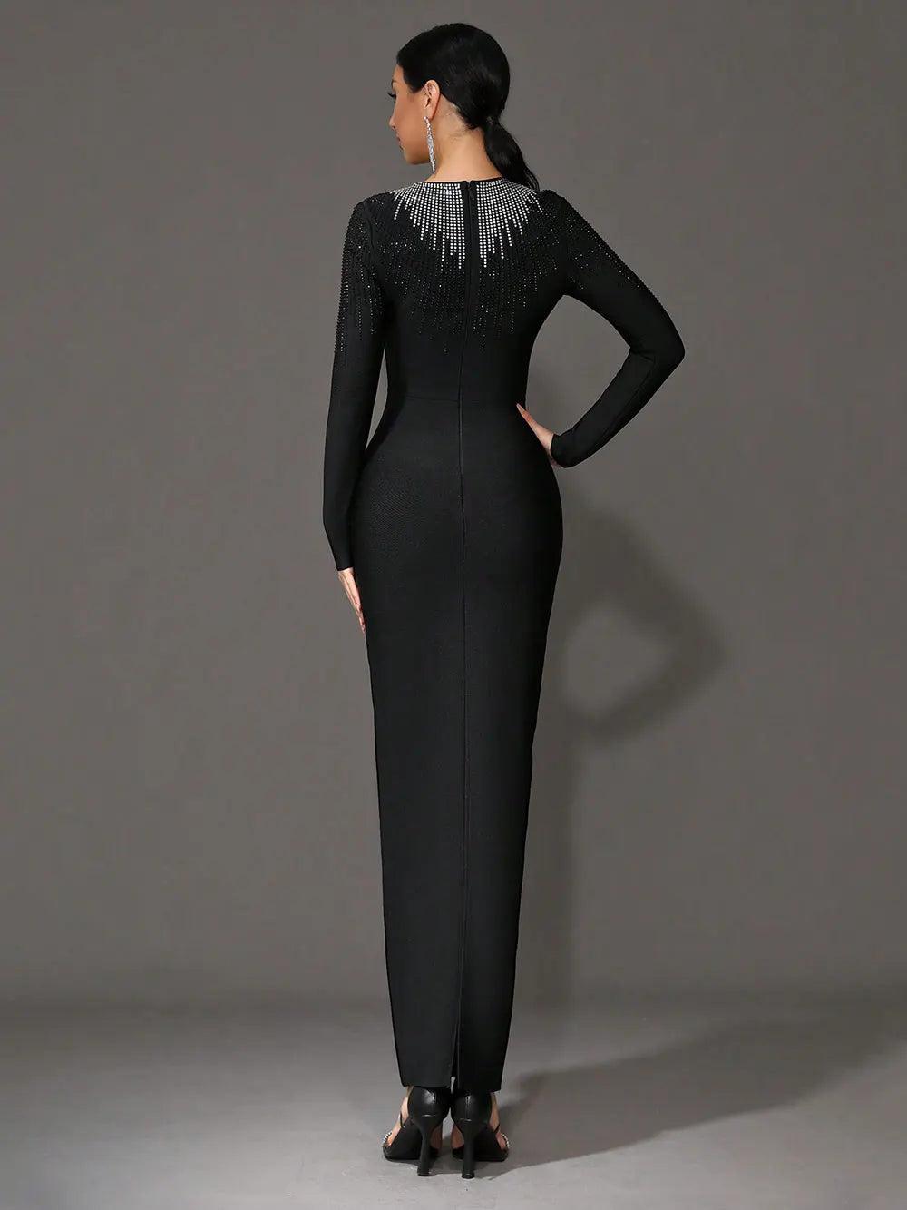 2025 Elegant Women's Light Luxury Hot Diamond Bandage Dress O-neck Long Sleeve Bodycon Black Long Dress Evening Party Vestidos