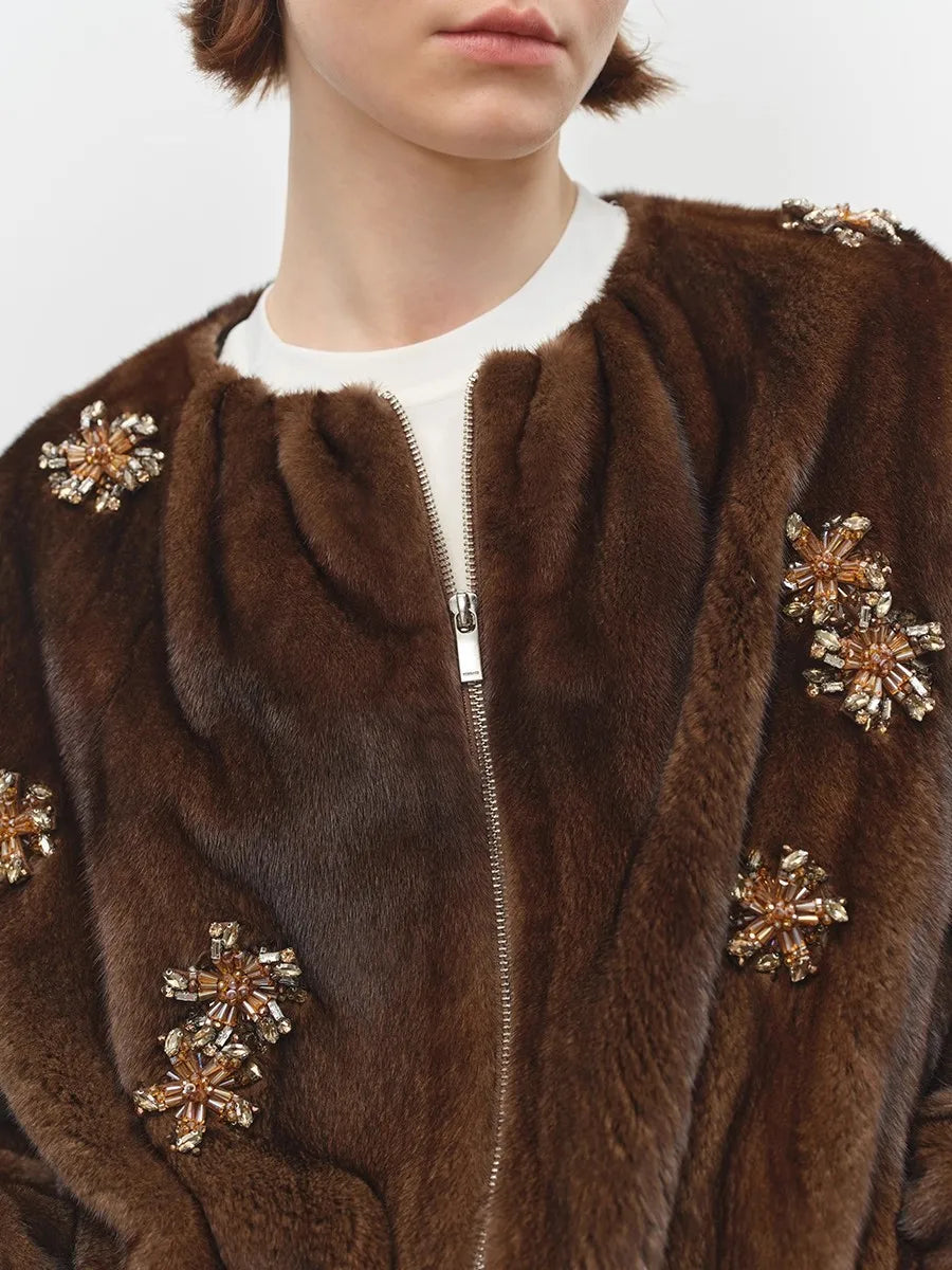 Lautaro Winter Luxury Elegant Thick Warm Soft Brown Short Faux Mink Fur Coat Women Beading Loose Stylish Chic Fluffy Jacket