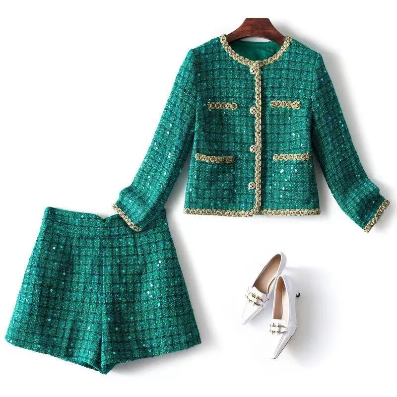 Women Elegant Vintage Tweed Fragrant Suit Jacke Coat Top And Skirt Two Piece Set Green Outfit Winter Jacquard Party Clothing Picture 3