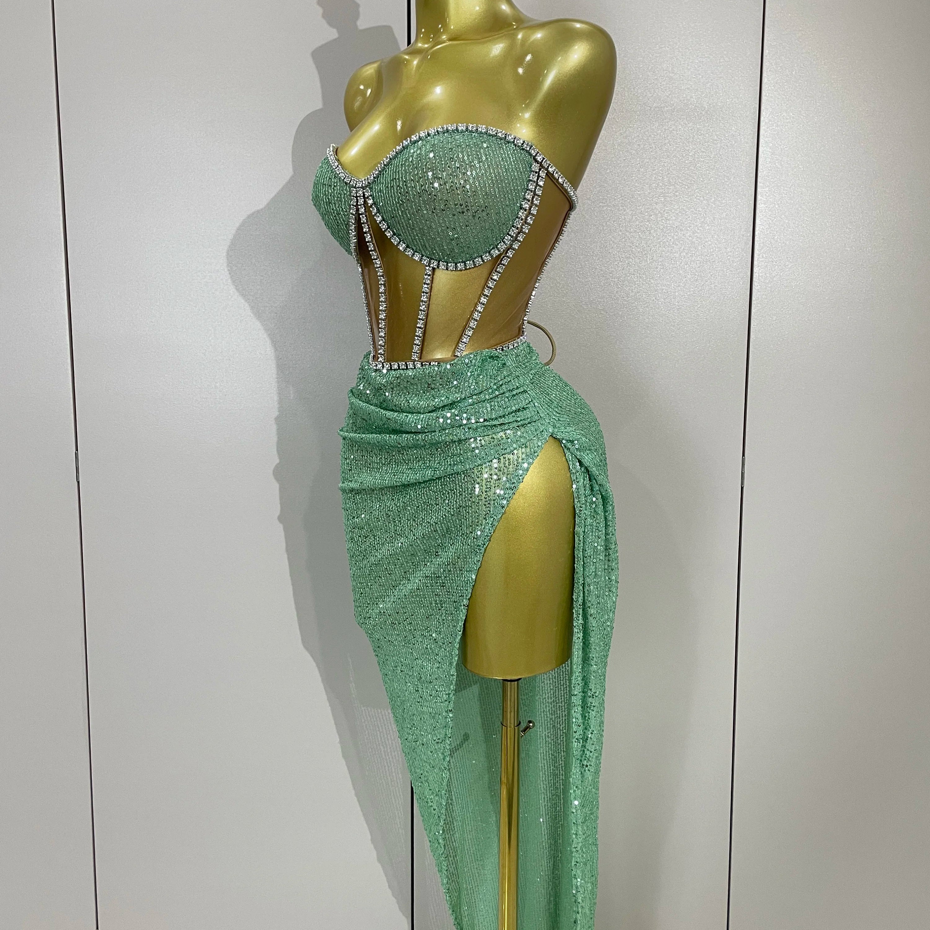 Sparkly Sequins Diamond Birthday Party Two Piece Set Evening Dress 2025 Women Sexy Singer Dancer NightClub Bar Performan Costume