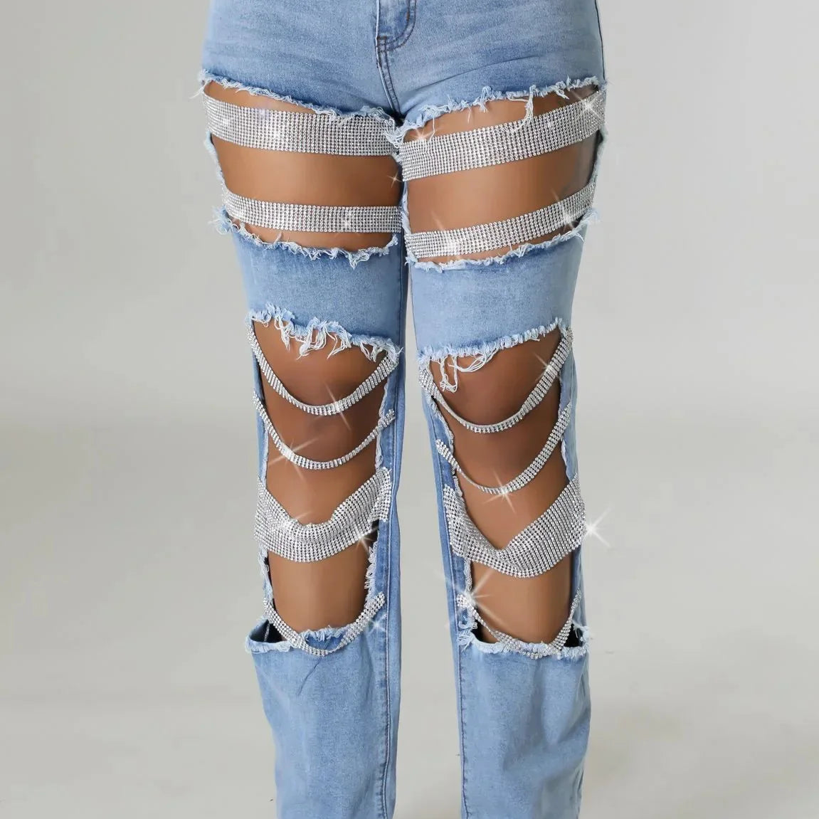 Women Fashion Pearl Beading Ripped Hollow Out Tassel Wide Leg Jeans 2024 New Summer INS Street Denim Pants Trousers
