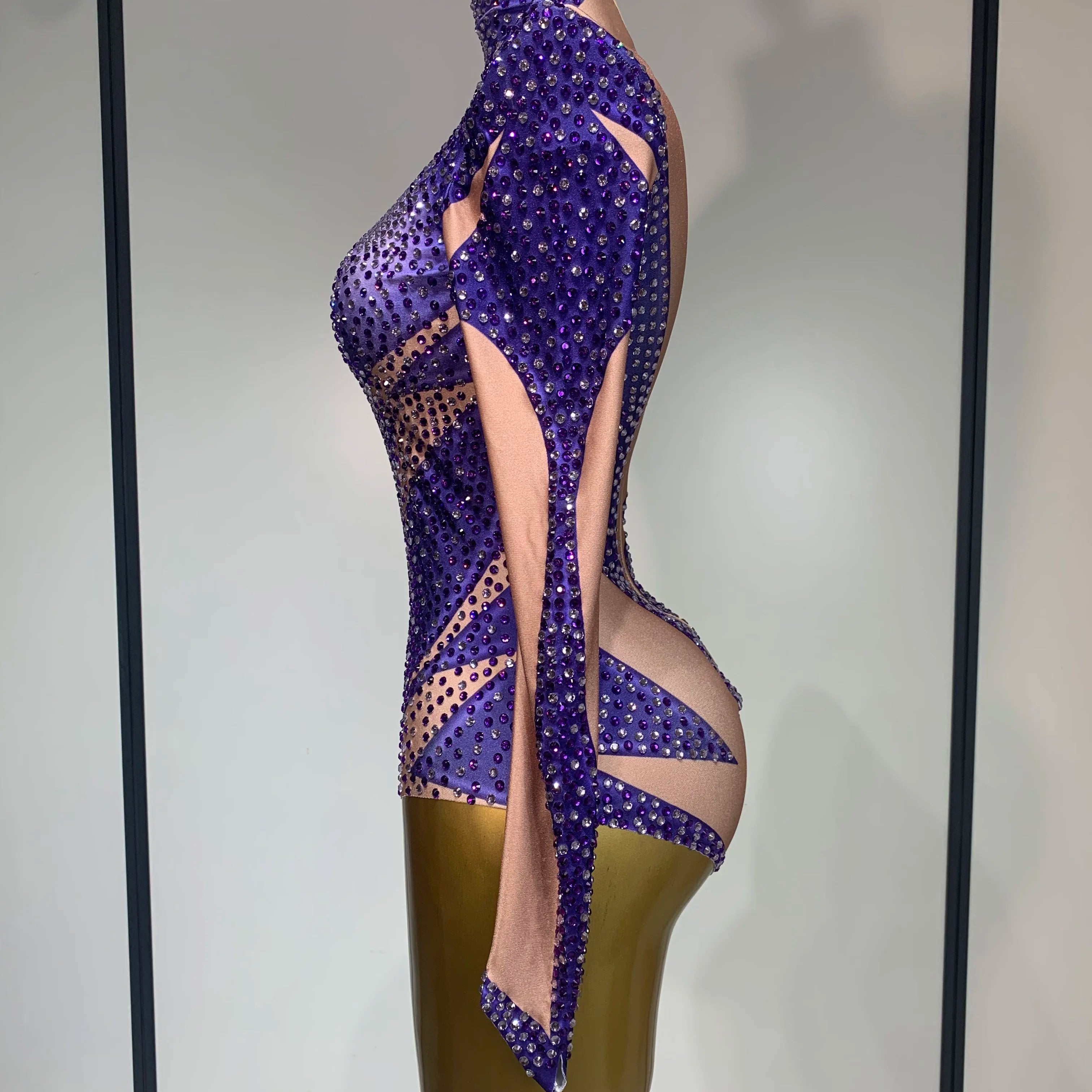 Luxury Rhinestone Elastic Long Sleeved Bodysuit 2025 Club Singer Dancer Stage Performa Costume Evening Party Outfit