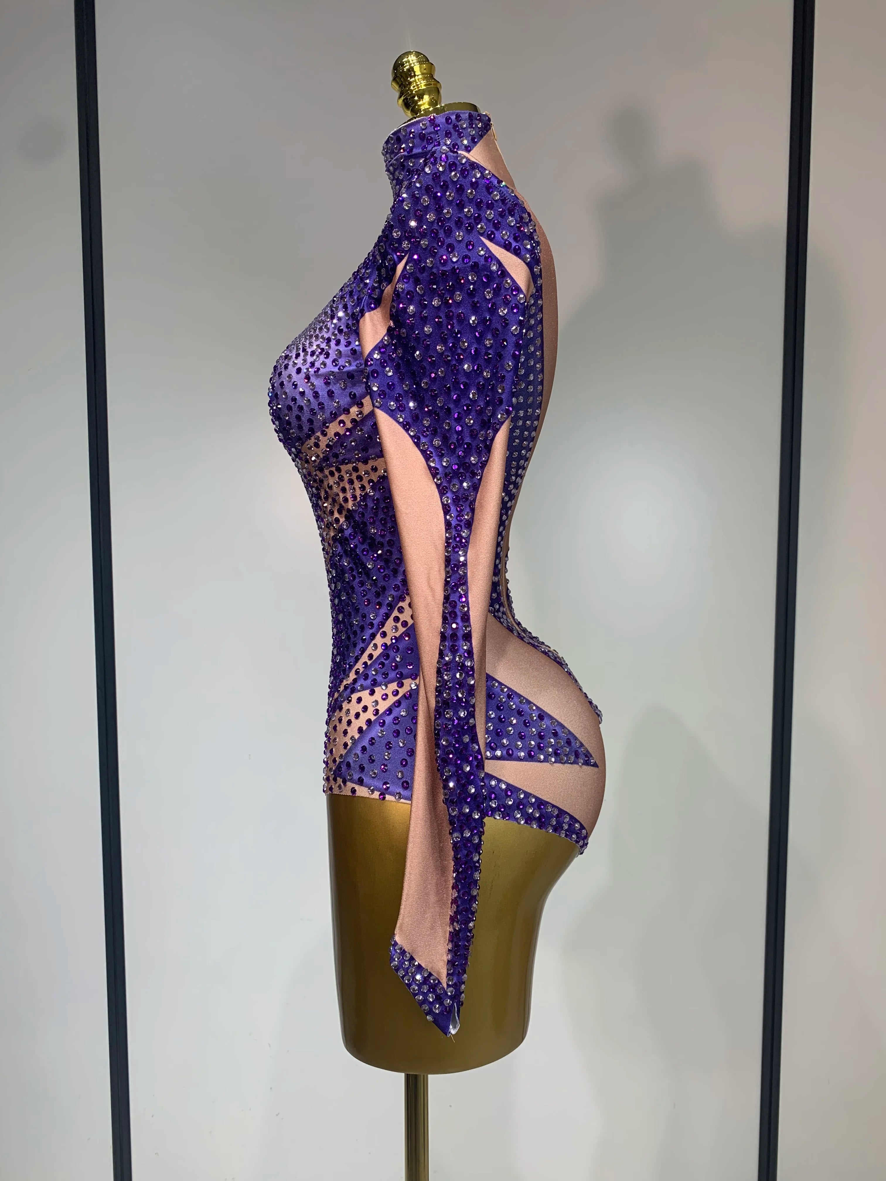 Luxury Rhinestone Elastic Long Sleeved Bodysuit 2025 Club Singer Dancer Stage Performa Costume Evening Party Outfit