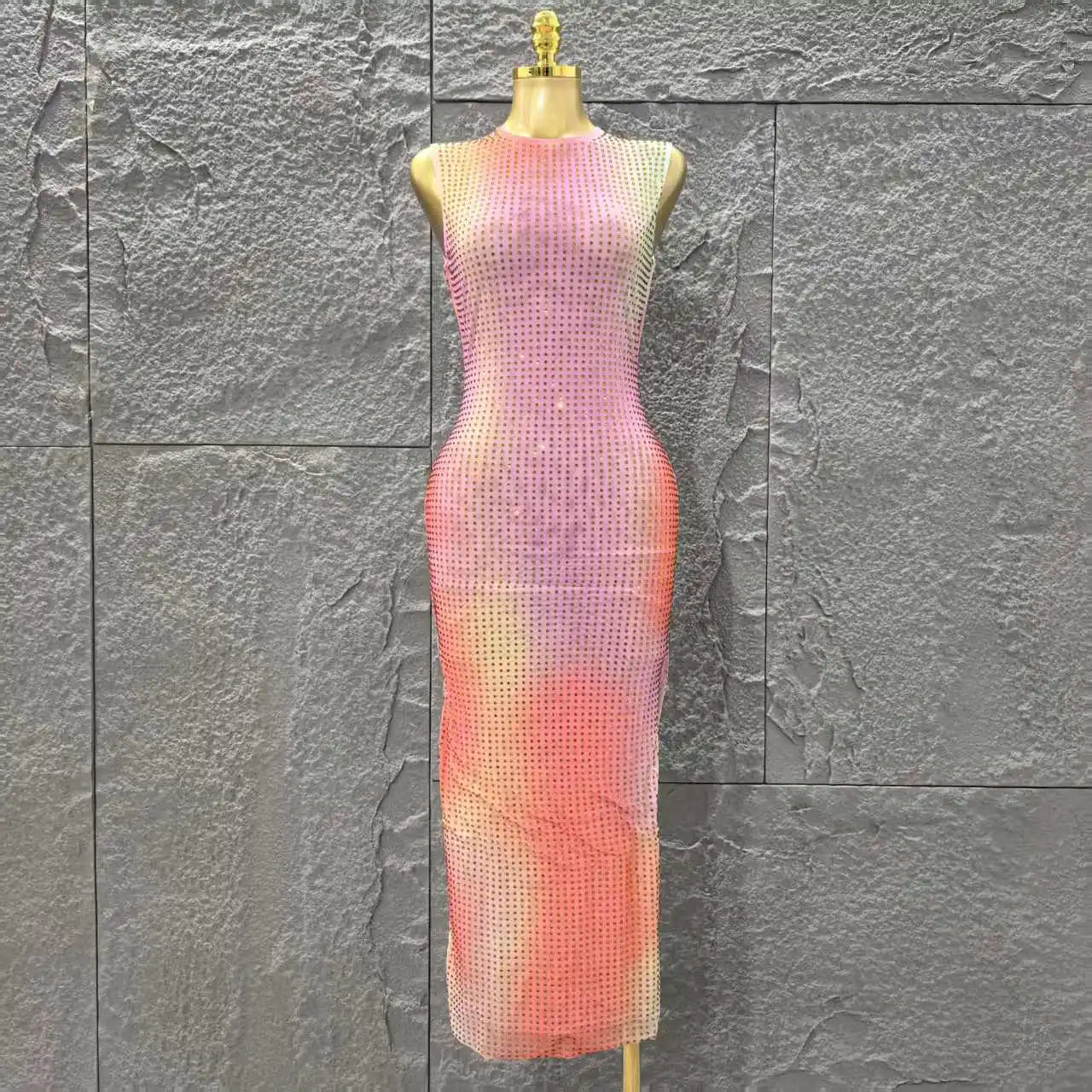 Shinning Rhinestones Women Sleeveless Sexy O-Mecl Bodycon Long Dress Mesh High Stretch Celebrate Evening Party Cocktail Dress