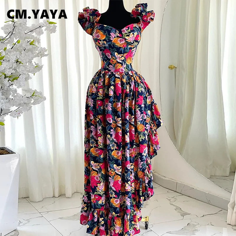 Women Ruffles Strapless Floral Print Long Irregular Dress Holiday Sweet Birthday Evening Sexy Party Dresses Vestidos