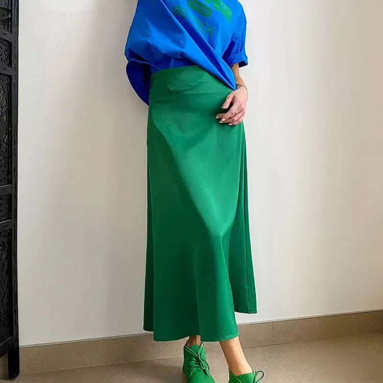 High Waisted Satin Long Skirts for Women Spring/Summer New Women's Skirt A-line Fashion Elegant Slim Fit Grey Black Skirt green