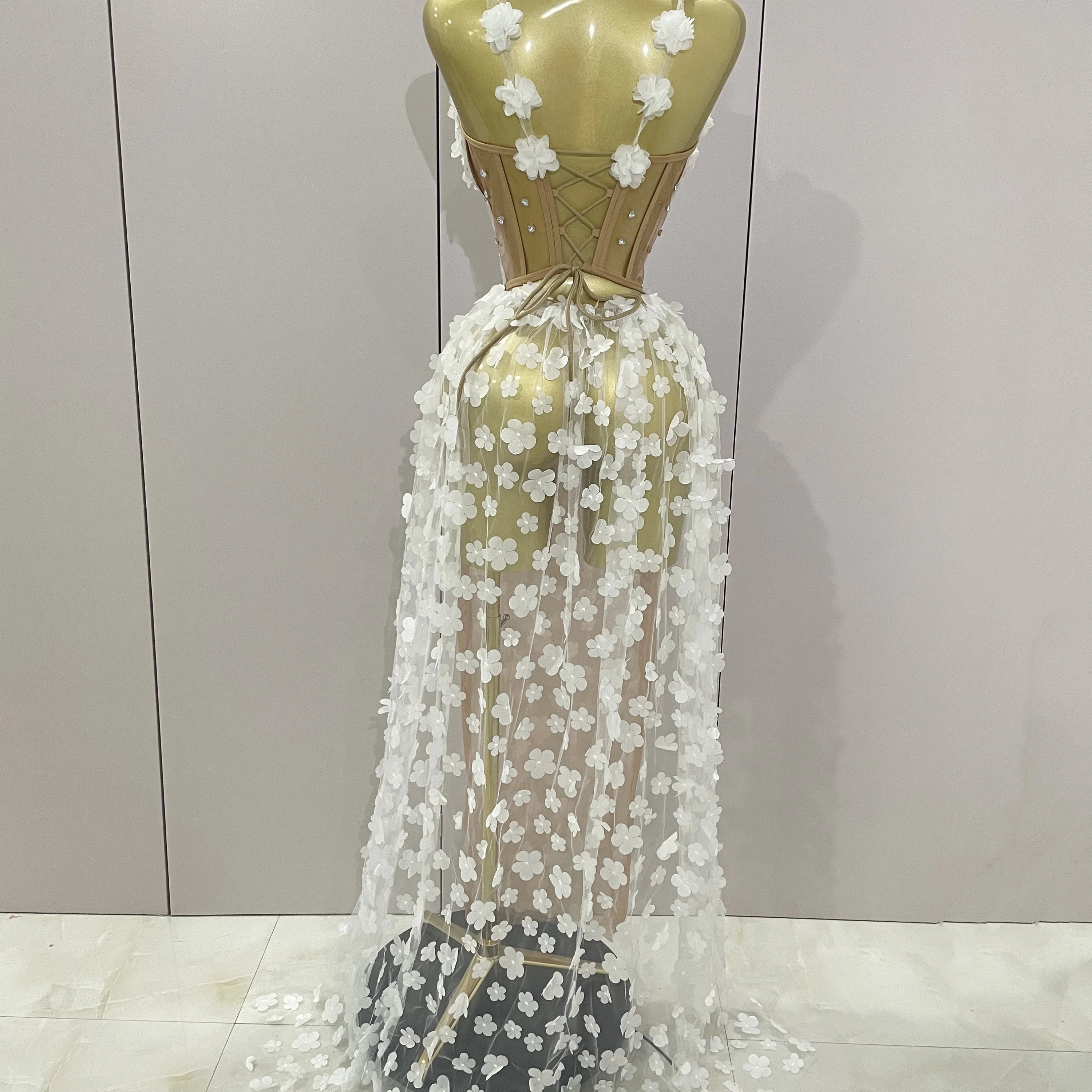 Sexy Mesh See Through Flowers Backless Long Dress 2025 Women Elegant Party Wedding Celebrate Evening Gown Prom Hotwife Outfit