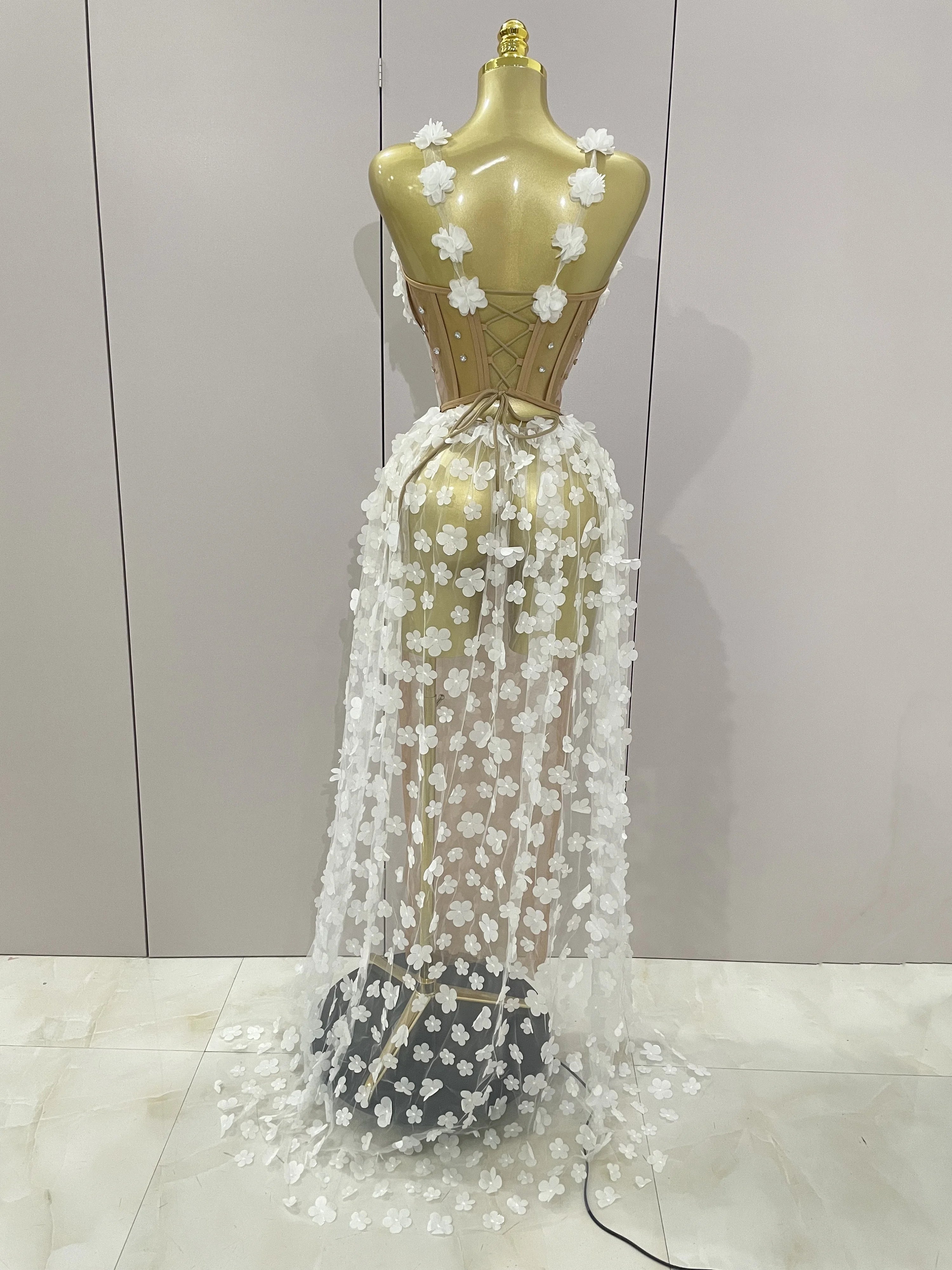 Sexy Mesh See Through Flowers Backless Long Dress 2025 Women Elegant Party Wedding Celebrate Evening Gown Prom Hotwife Outfit