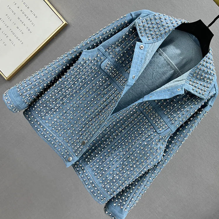 Streetwear Patchwork Rivet Denim Jacket Women Fashion Lapel Long Sleeve Loose Coats Female Outerwear Autumn