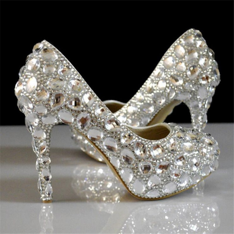 Women Rhinestones Pumps Shoes Super Flash Crystal Chaton Wedding Shoes White Bride Shoes Show Diamond High-heeled Shoes