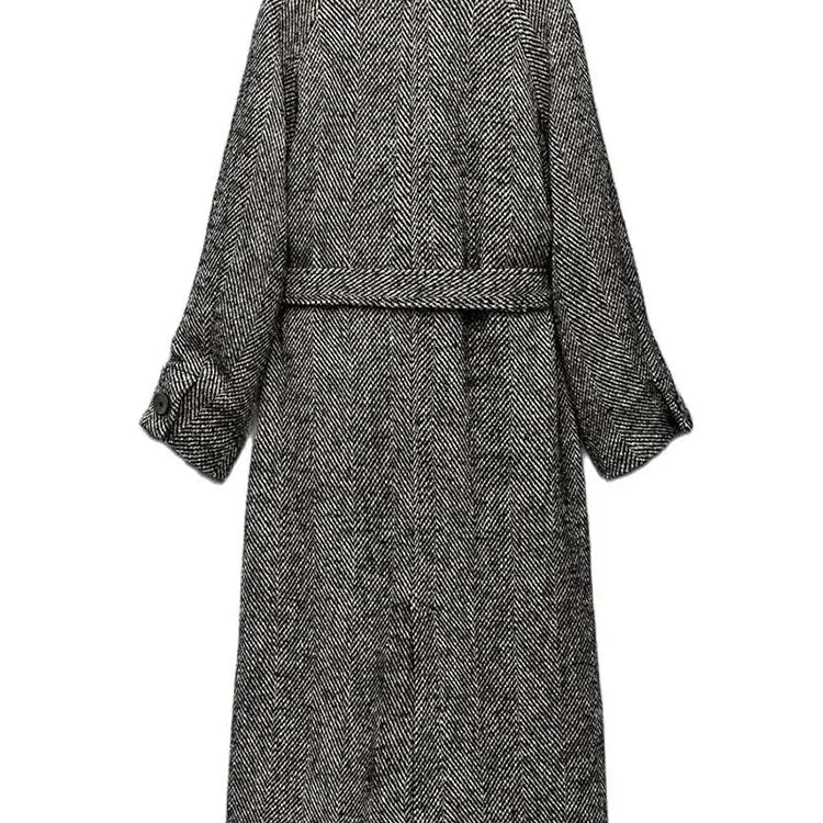 Women's Warm Windbreaker Fall And Winter New Retro Long-Sleeved Classic Jacket Herringbone Twill With Belt Windbreaker