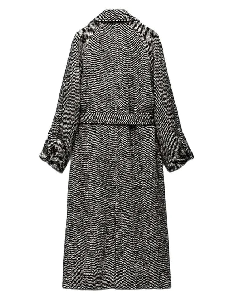 Women's Warm Windbreaker Fall And Winter New Retro Long-Sleeved Classic Jacket Herringbone Twill With Belt Windbreaker