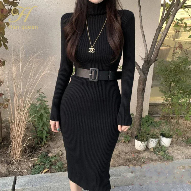 H Han Queen Knitted Turtleneck Sweater Bodycon Dress Bottoming Women Soft Elastic Autumn Winter Midi Party Dresses With Belt BLACK One Size
