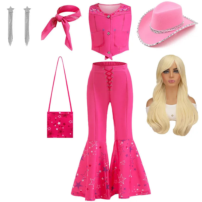 Toddler Girls Cowboy Pink Vest Pants Scarf 3 Pcs Clothing Set Margot Movie Role Play Costume Barbi Cowgirl Youth Outfit Cosplay Gold