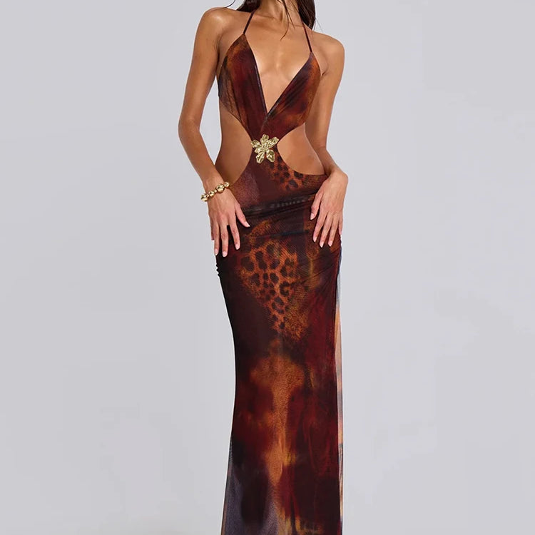 Halter Deep V Neck Print Sexy Maxi Dress For Women Gown Summer New Hollow Out Sleeveless Backless Beach Long Dress Brown