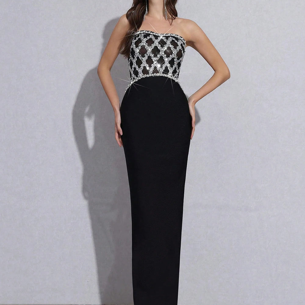 Sexy Strapless Diamond Sequin mesh Patchwork Bodycon Bandage Long Dress Women Fashion Celebrate Evening Party Gowns