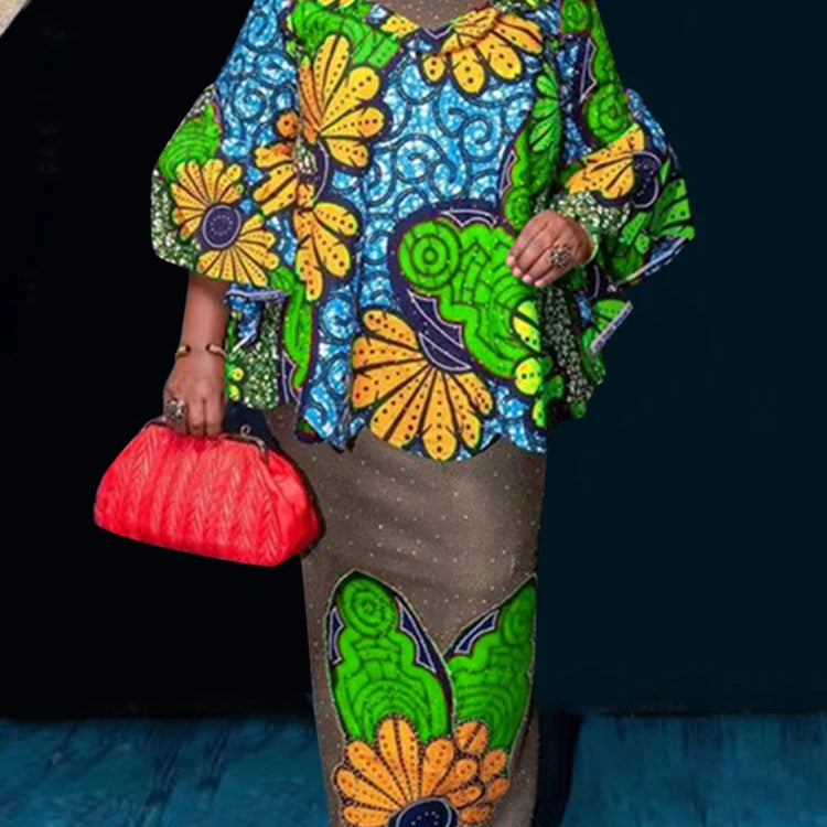 Plus Size VONDA Women Sets 2025 Fashion Suit 3/4 Flare Sleeve Floral Printed Tops And Elastic Waist Maxi Skirts 2Pcs Sets green