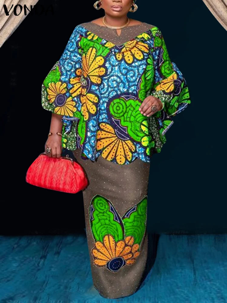 Plus Size VONDA Women Sets 2025 Fashion Suit 3/4 Flare Sleeve Floral Printed Tops And Elastic Waist Maxi Skirts 2Pcs Sets green
