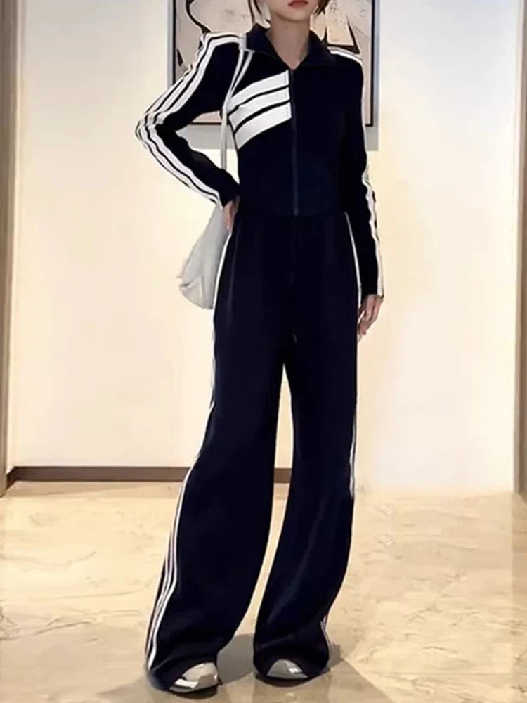 Striped Sports Set Women's Autumn/Winter Fashion Contrast Color Zipper Coat Long Sleeve Casual Wide Leg Pants Two Piece Set