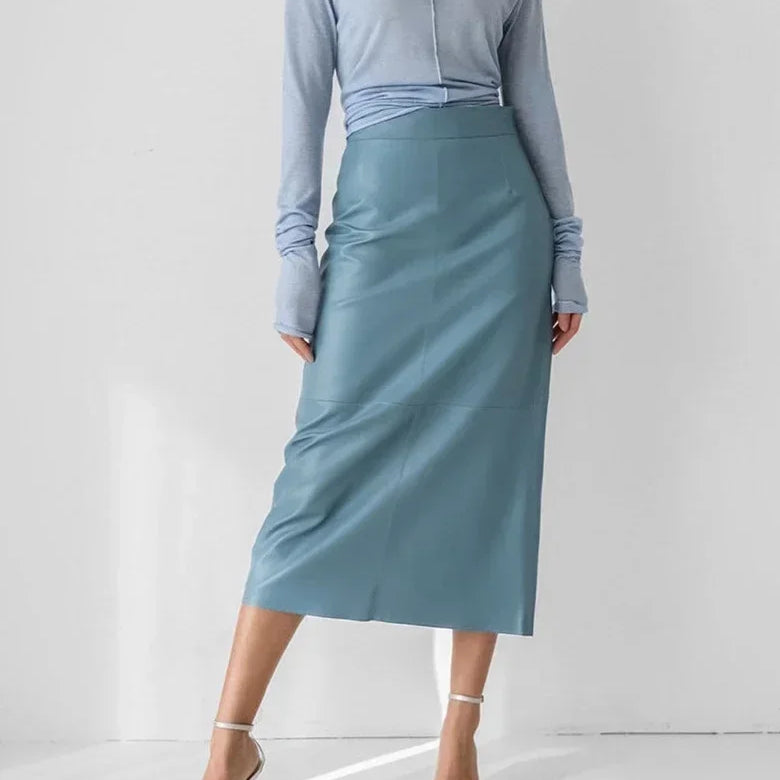 Khaki Wrap Skirts for Women Spring Elegant Simple PU Slit A Line Midi Skirts Black Sexy Slim High Waist Bodycon Skirt