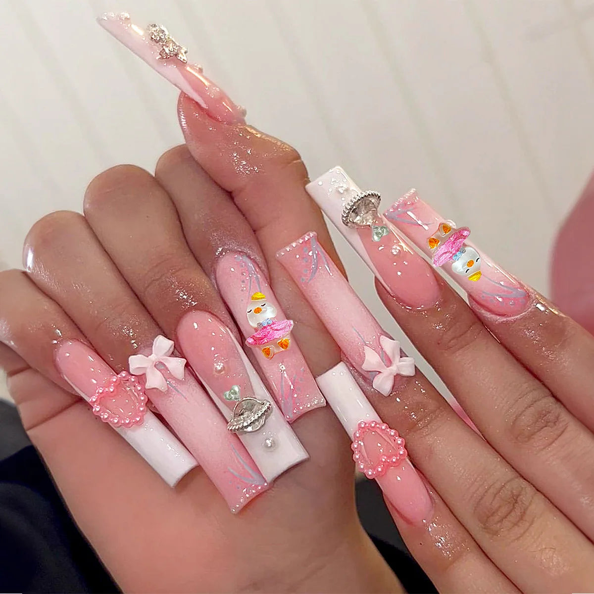 24pcs/set Long Medium short fake nails for women girls cute bow flowers decoration french tips faux ongles press on false nail 777