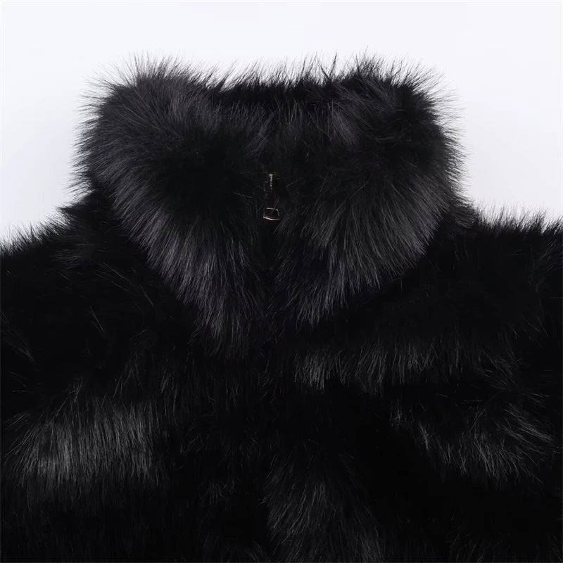 Black Faux Fur Bomber Jacket for Women - High Collar, Zipper Closure, Soft Fluffy Texture, Stylish Cold-Weather Coat