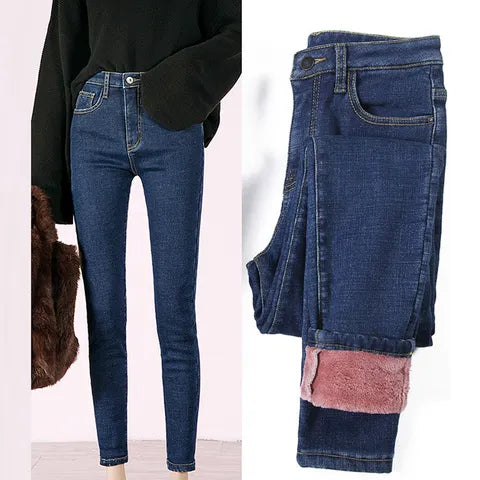 Women Thermal Jeans Winter Snow Warm Plush Stretch Jeans Lady Skinny Thicken Fleece Denim Long Pants Retro Pencil Trousers 4
