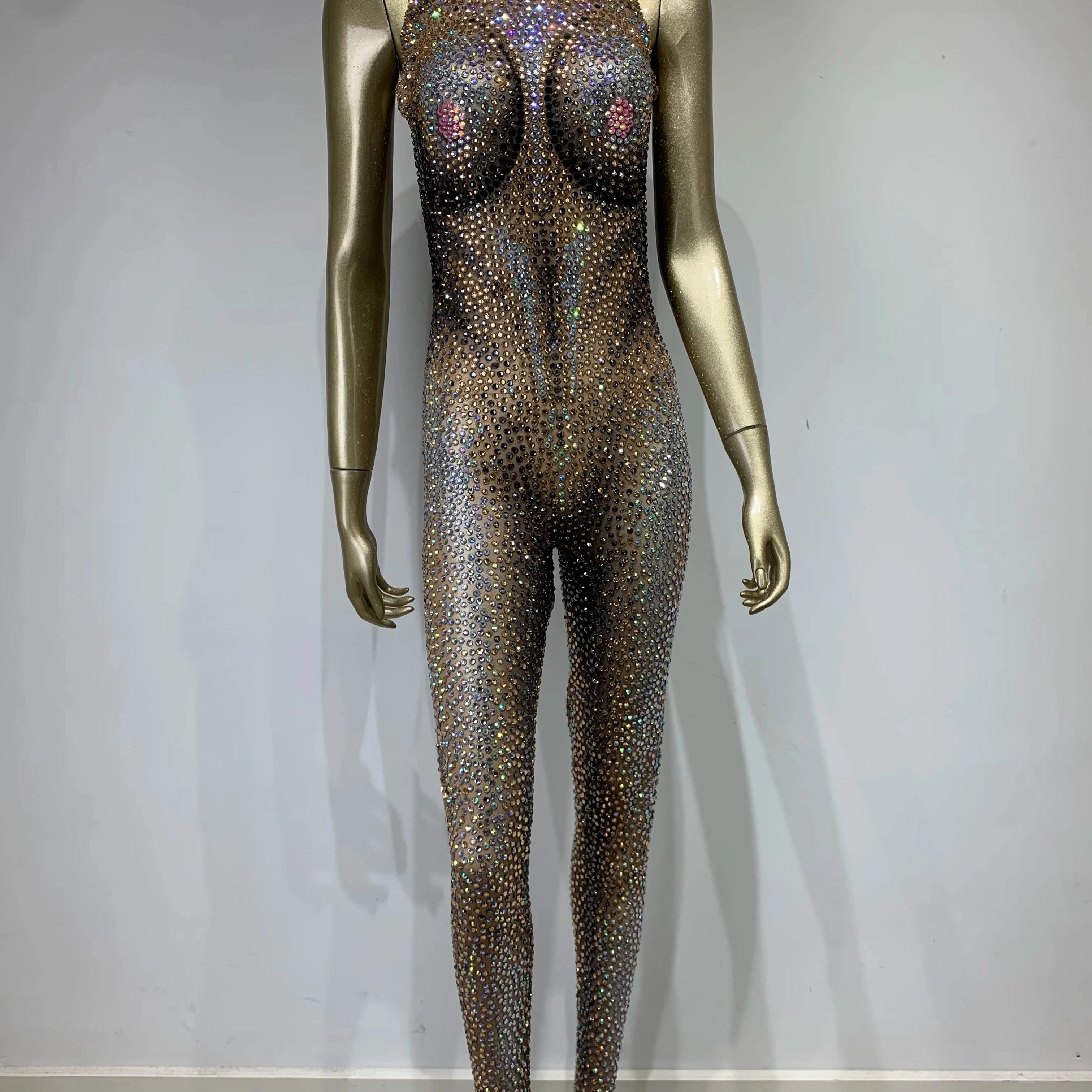 Stock Halloween Women Rhinestone Diamonds Sparkly Black Jumpsuit Birthday Party Costume Bar Nightclub Stage Performance Rompers