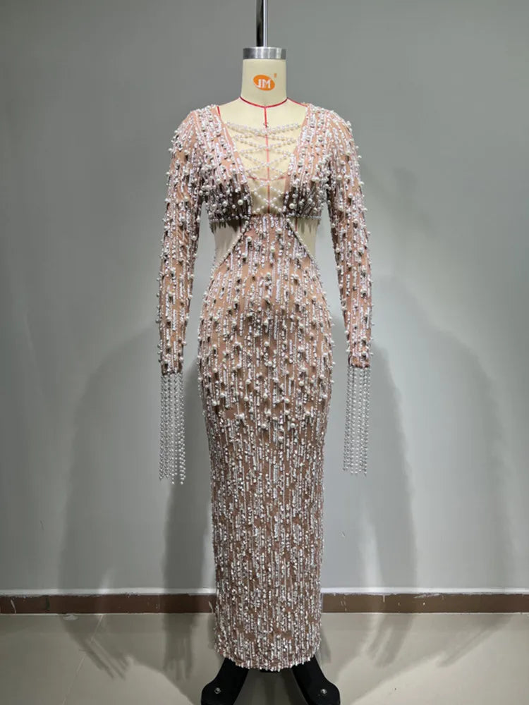 Elegant Evening Party Dress Women Long Sleeve Pearl Beading Bodycon Long Maxi Dress Birthday Party Cocktail Prom Dress