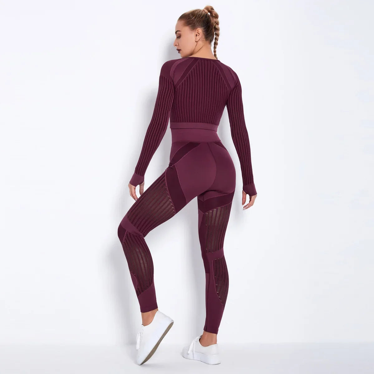 Xlwsbcr Hollow Out Seamless Yoga Set Sport Outfits Women Black Crop Top Bra Leggings Workout Gym Suit Fitness Sport Sets Wine red suit