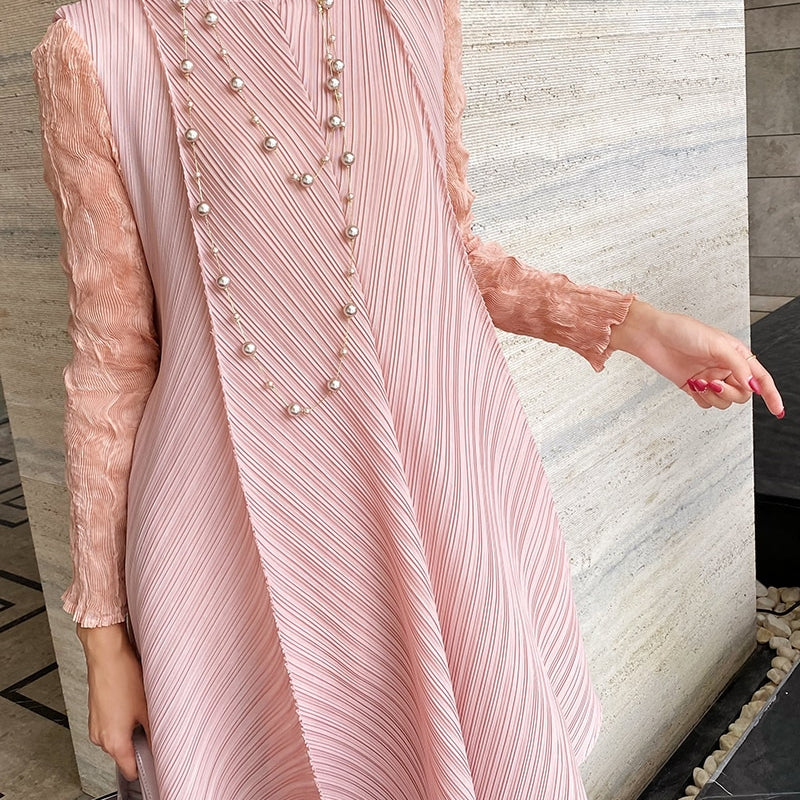 Sets Women Pleated Two Piece Set Fall Winter New Loose Casual Suit Lace Fashion Long Dress Top Pencil Pant Clothes Pink One Size