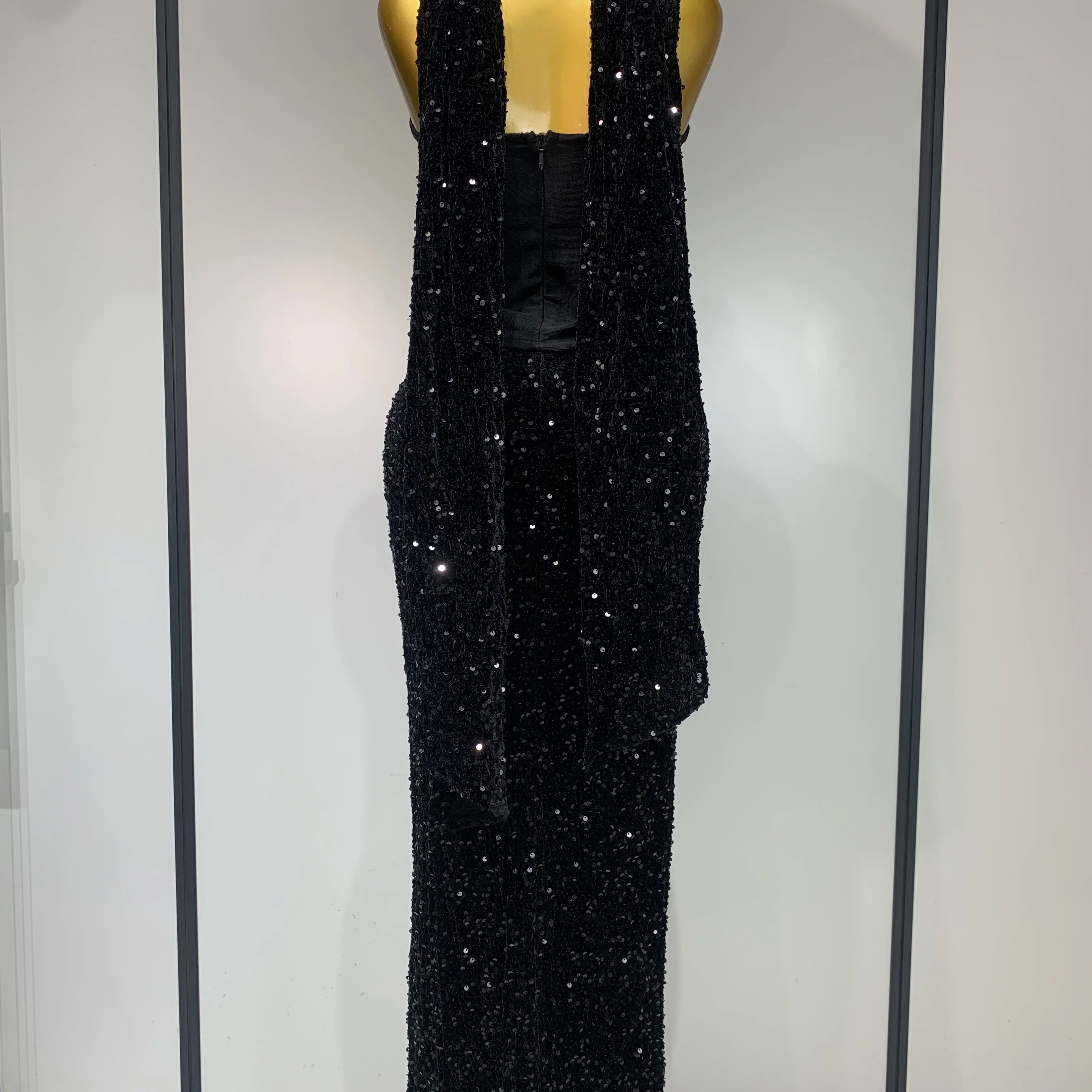 Women Sexy Strapless Sequin Black Maxi Long Bandage Three Piece Set 2025 Knitted Elegant Evening Club Party Birthday Prom Gowns