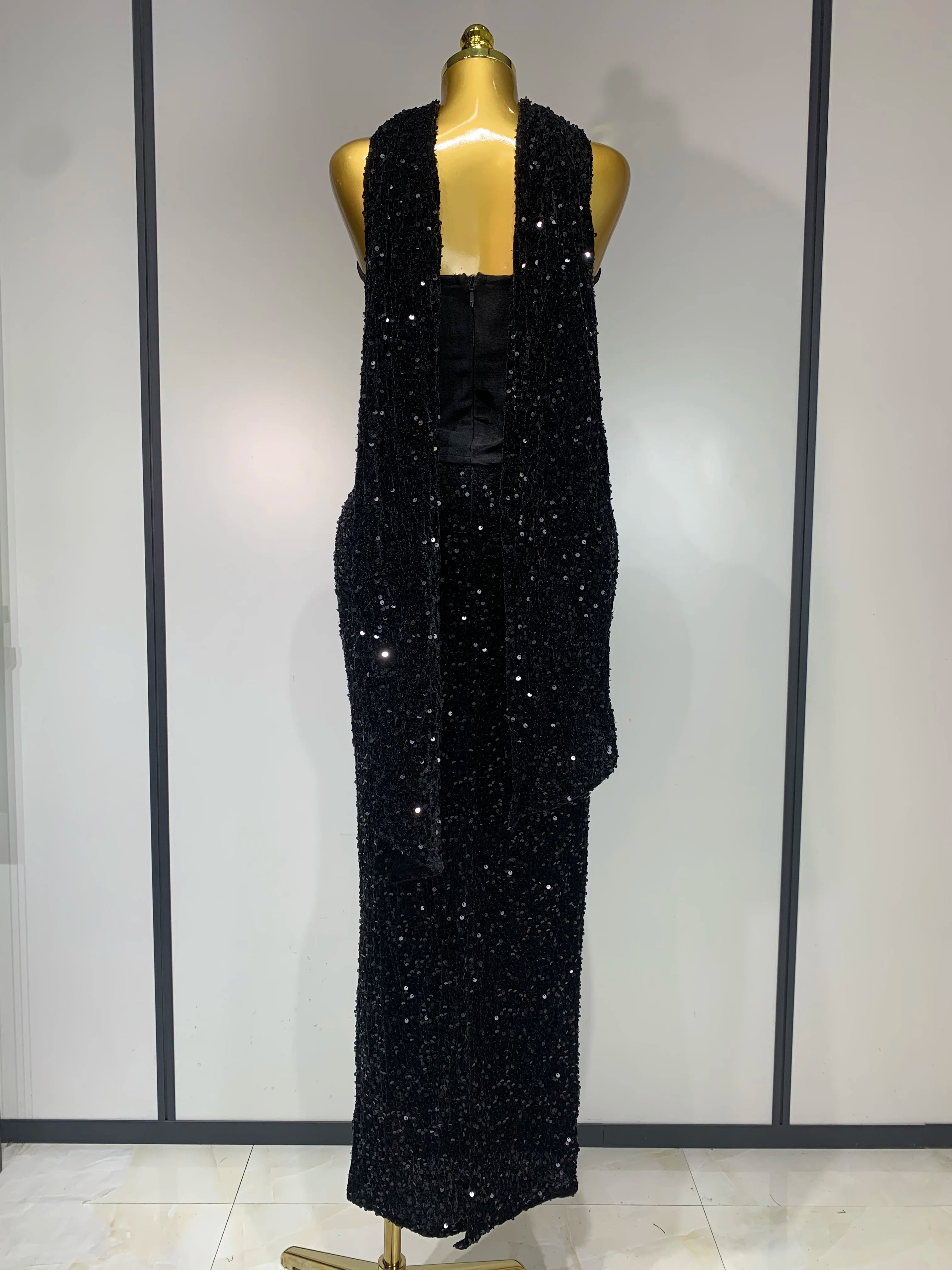 Women Sexy Strapless Sequin Black Maxi Long Bandage Three Piece Set 2025 Knitted Elegant Evening Club Party Birthday Prom Gowns